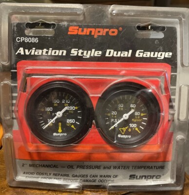 SUNPRO CP8086 Aviation Style Double Gauge Kit 2'' Black Mechanical NEW IN BOX!