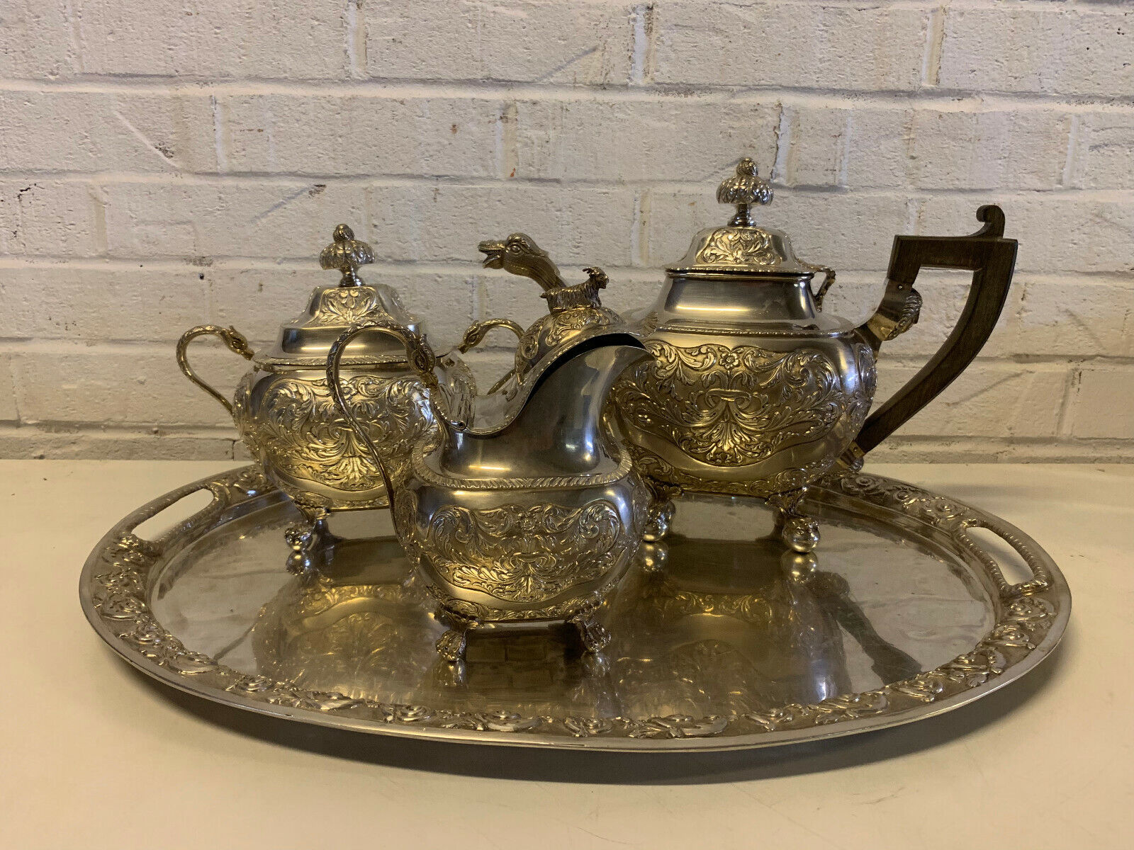 Antique 18th / 19th Cent. Portuguese Lisbon 3 Piece Silver Tea Set w Silver Tray