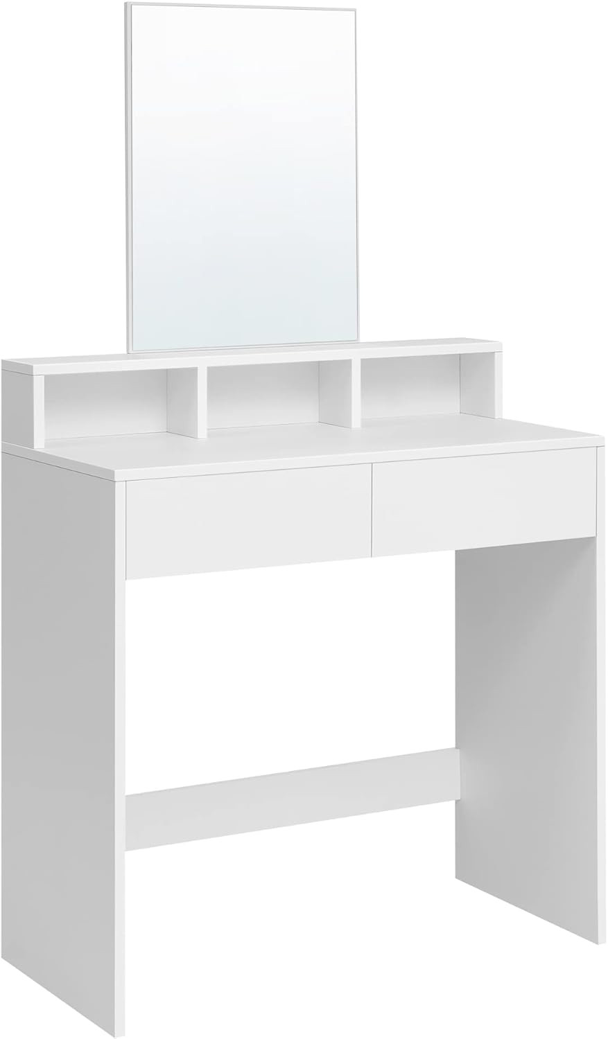 VASAGLE Dressing Table with Large Rectangular Mirror, Vanity Table with 2 Drawers and 3 Open Compartments, Vanity Table, Modern Style, White RDT113W01 27 VASAGLE Dressing Table with Large Rectangular Mirror, Vanity Table with 2 and 3