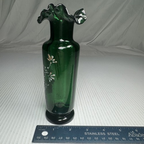Bohemian Hand Blown & Enameled Floral & Gold Green Victorian Style 7” Glass Vase - Picture 2 of 7