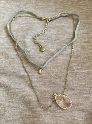 Gold Tone Chain And Tan Leather Necklace Layered Crescent Moon