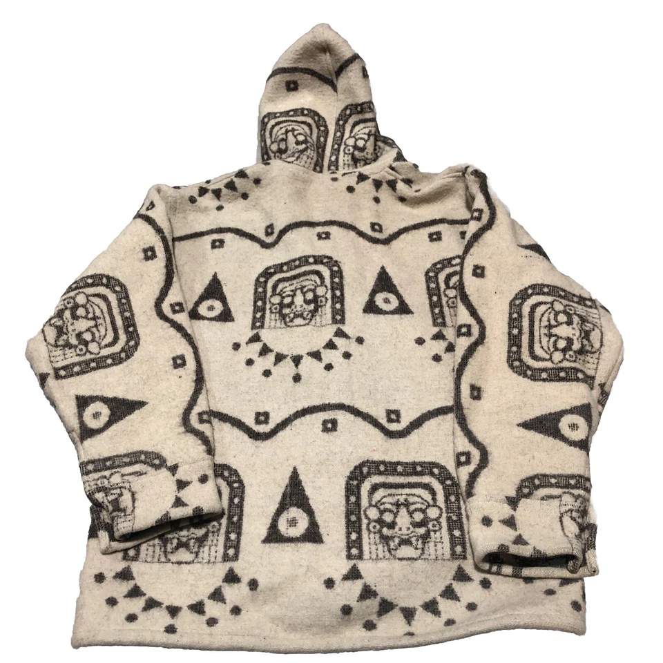 Hand Made In Ecuador Wool Aztec Coat Size L Hoodie And Two Pockets Southwestern - Image 2 of 4