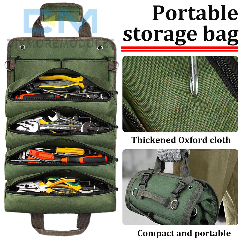 Roll Up Tool Bag – Oxford Cloth Tool Organizer With 4 Zipper Pockets & 2 Detachable Pouches, Shoulder Strap, Multi-Purpose Wrench Roll