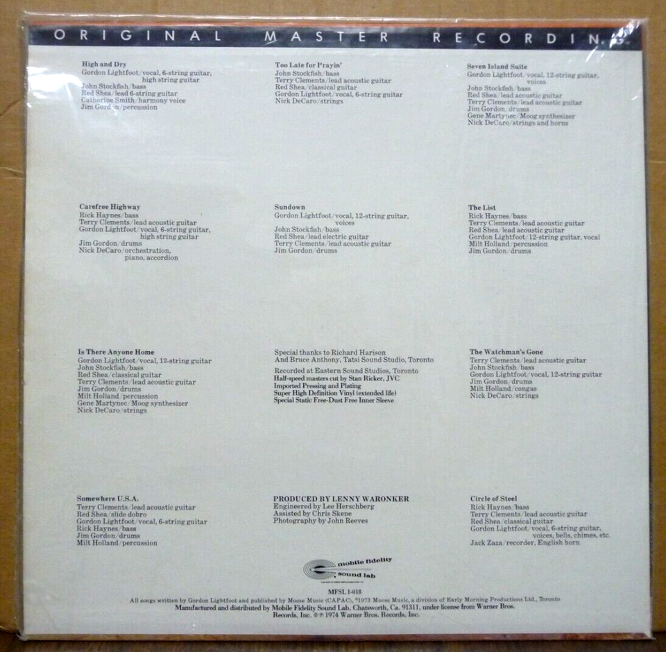 GORDON LIGHTFOOT Sundown Vinyl LP Mobile Fidelity Sound Lab MFSL