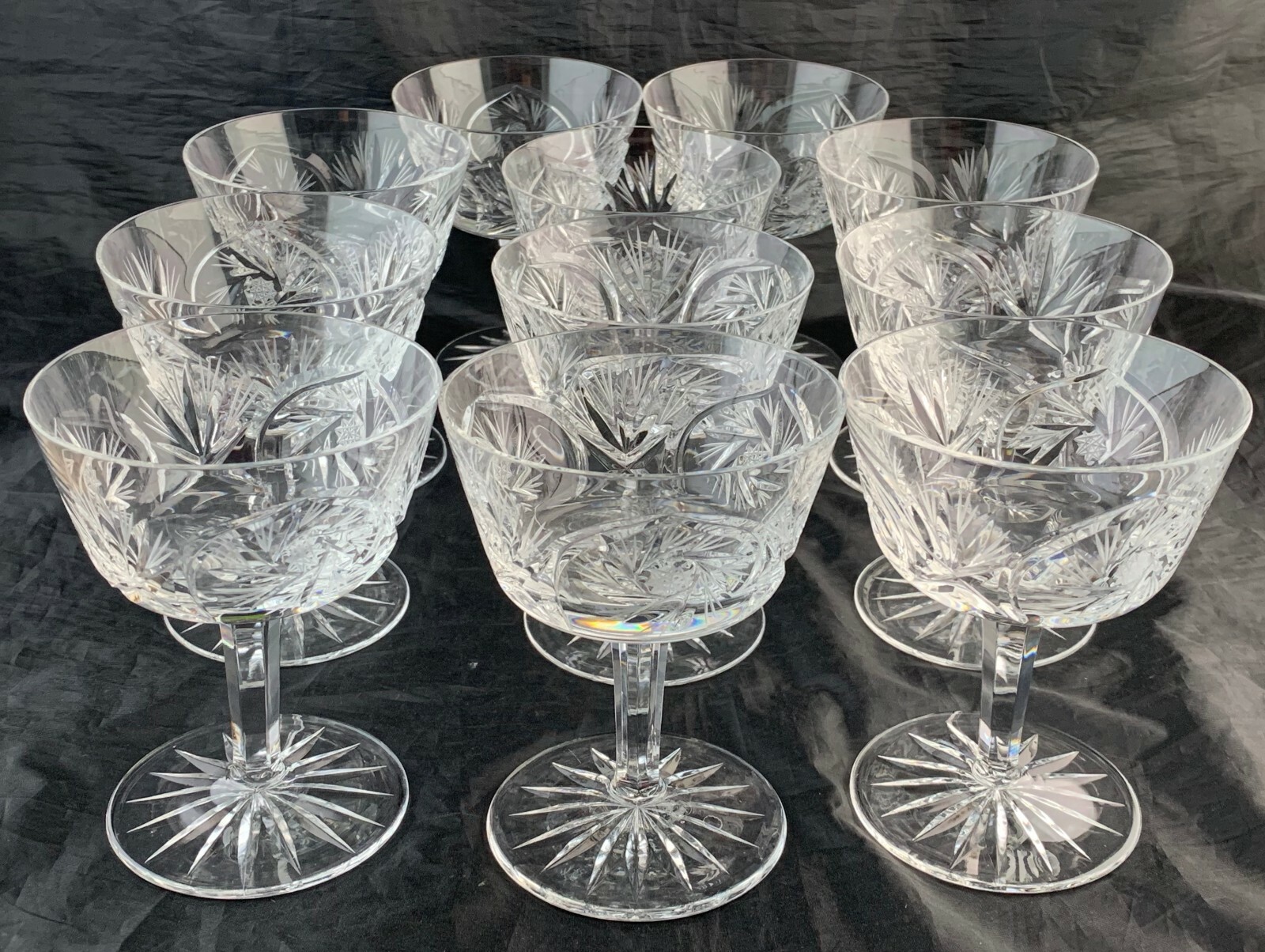 Vintage Cut Glass or Crystal Champagne Cocktail Starburst Stemware Set of 11 Elegant Pieces