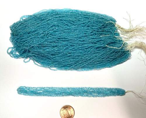 RARE Antique Micro Seed Beads-14-16/0 Transparent Turquoise Blue- 3.5 g hanks