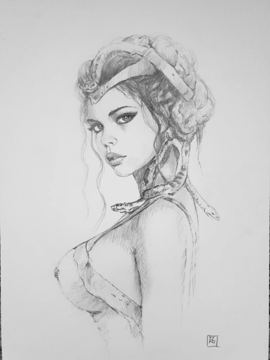 ORIGINAL Pencil Drawing - MEDUSA GREEK MYTHOLOGICAL WOMAN/Semi - Nude Wall Art