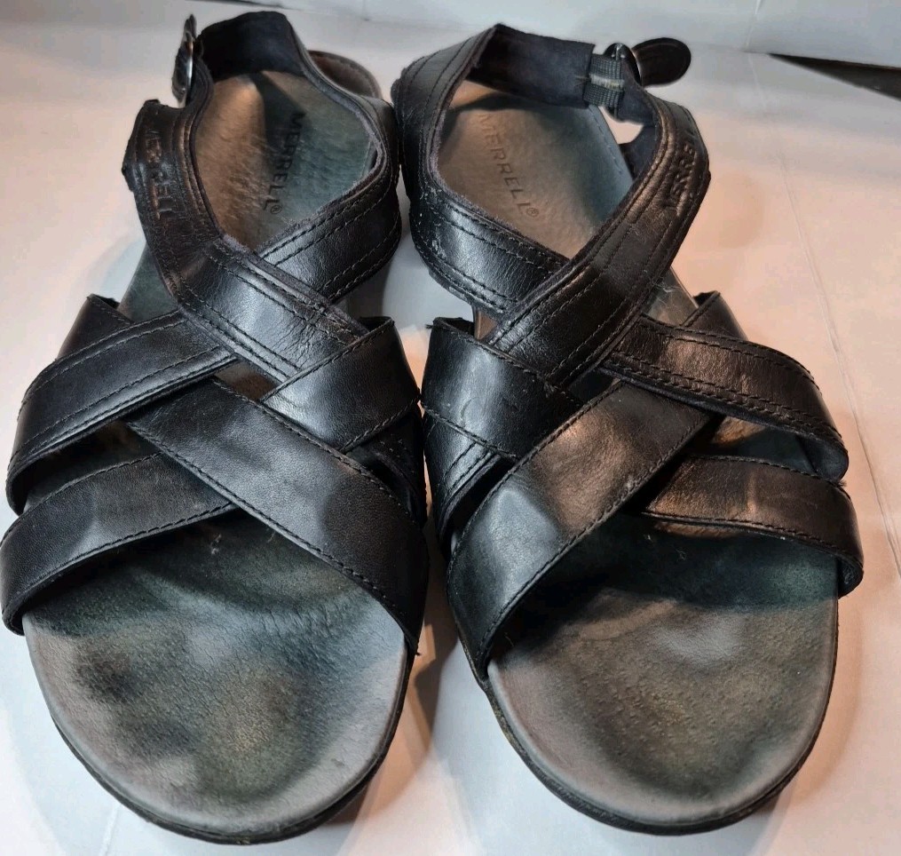 Merrell Sandali da donna neri in pelle con cinturino e cinturino taglia 10 (J46246)