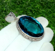 London Blue Topaz Gemstone Handmade 925 Sterling Silver Jewelry Oval cut Pendant