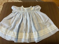 Vtg 50s Baby Girl Pale Blue Dress Lace 15-18 Months Cotton Voile Puff Sleeves