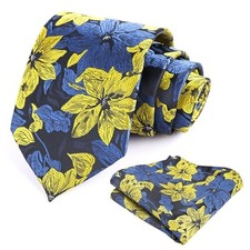 Mens 3.35inches Large Floral Pattern Necktie and Printed 159-yellow navy