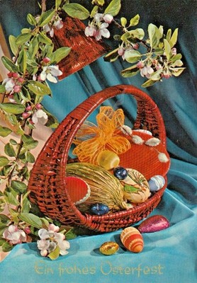 Vintage Postcard CHROME  EASTER BASKET WITH EGGS FLOWERS 1977   4x6 German