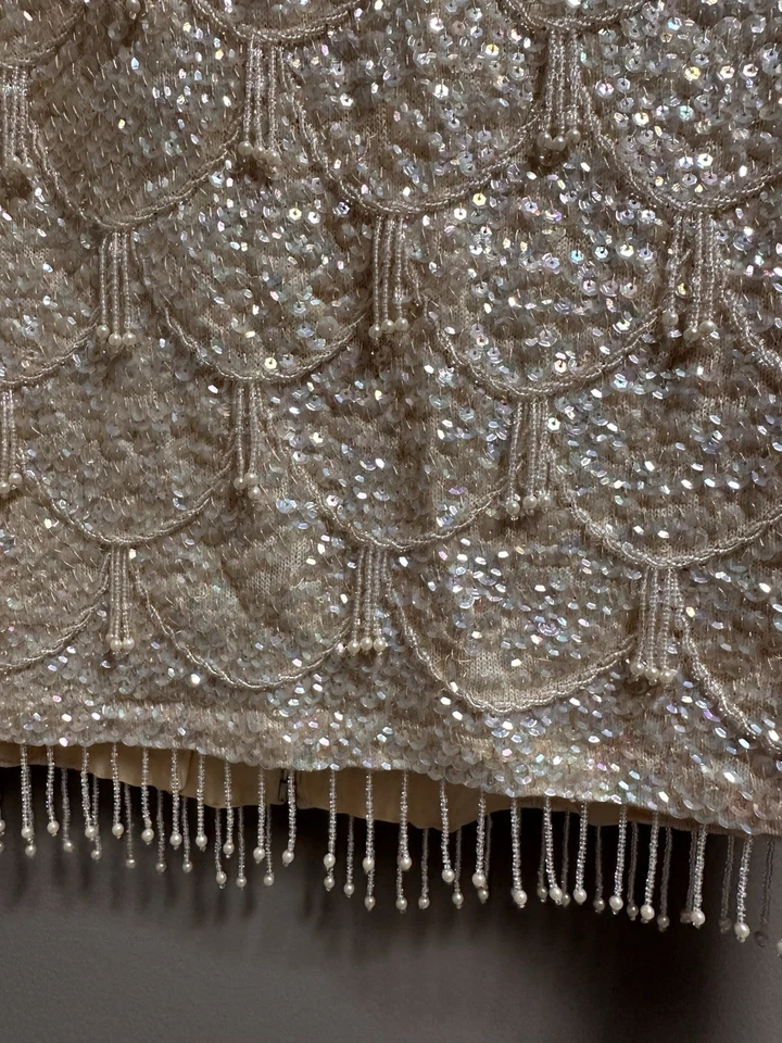 Vtg 50s 60s Handmade BEAUTIFUL Ivory wool Beaded Sequin Top sz L Party Dress Up - Image 3 of 4