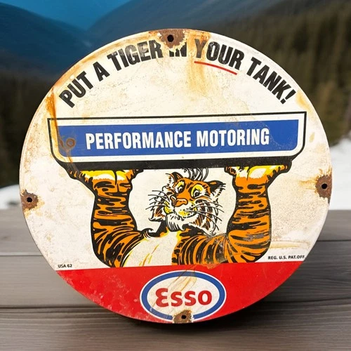 Vintage 12” ESSO Gas Oil Tiger In Your Tank Porcelain Enamel Metal Pump Sign