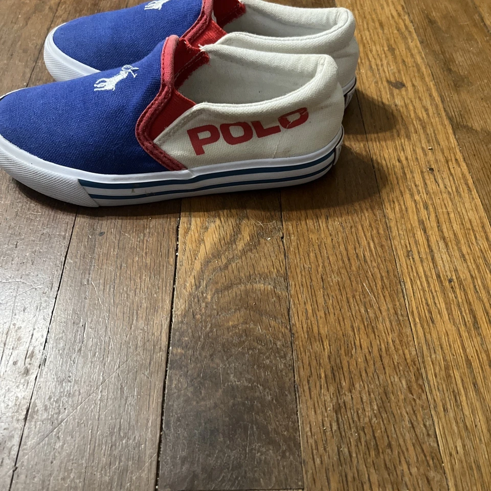 Polo Ralph Lauren Lona Zapatos Sin Cordones Tenis Blanco Rojo Azul Niños Talla 12 Foto 2 de 4