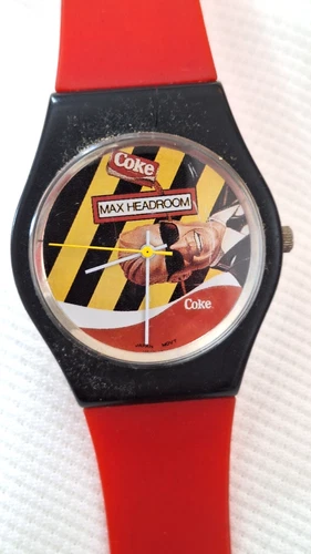 VTG MAX HEADROOM Coca-Cola WRIST WATCH Red/Black Plastic Strap Good 1980s