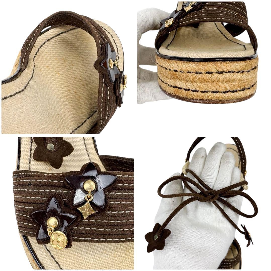 Louis Vuitton Wedge Flower Sandals Brown Leather Size 37 US About6 For Women thumbnail 8
