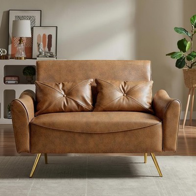 Brelice 48'' Faux Leather Loveseat 2 Seater Small Couch Gold Metal Legs 2 Pillows