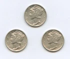 Mercury dime lot of 3, 1941-P, 1942-P, 1943-P, 90% Silver Coins