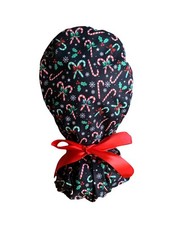 Candy Cane SATIN LINED Scrub Cap Ponytail Hat Long Hair Protection Nurse Hat