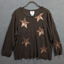 Quacker Factory Top Womens 2X Sequin Stars Waffle Knit Pullover Shirt Modest