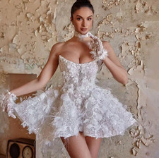 New Luxury Mini Short A-Line White Sequin Decal Knee High Women's Wedding Dress