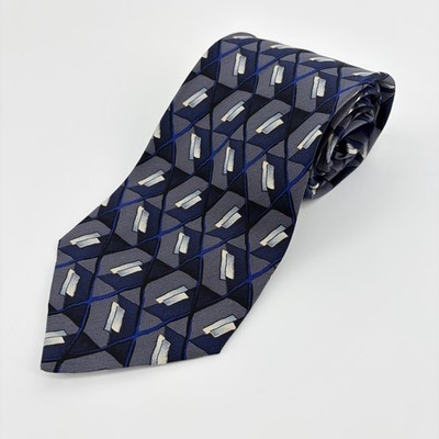 Facets Men's Silk Neck Tie Navy Royal Blue Gray Geo Silk 57  x 3.75  Geo Diamond