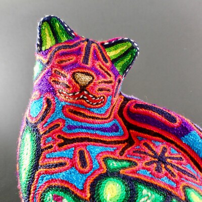Huichol Art Yarn Cat Figurine Mexican Handmade Indigenous Signed Folk Art