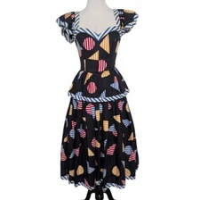 Victor Costa Geometric Midi Dress Womens Size 4/ XS Black Peplum Stripe Pop Art