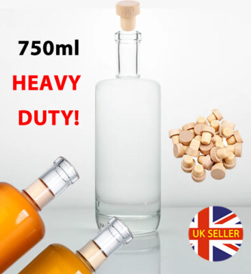 Runde Flaschen Glas klar 750ml Whisky Gin Wodka Öl Cordials + Stopfen T Korken