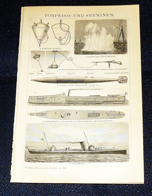 TORPEDOS & SEEMINEN Fischturbine Höllenmaschine Torpedoboot Druck & Text 1898