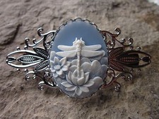 DRAGONFLY CAMEO SILVER FILIGREE BARRETTE - HANDMADE - BLUE - WEDDING, BRIDAL