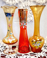 Bohemian Czechia Art Glass Vases Set of 3, Yellow/Red, H=7.5"