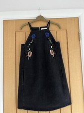 Embroidered Beaded Festival Summer Stretch Denim Dress Strappy Size S Mango