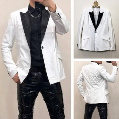 Men Faux Leather Blazer Jacket Coat Tops Lapel Stage Clubwear Costume Punk