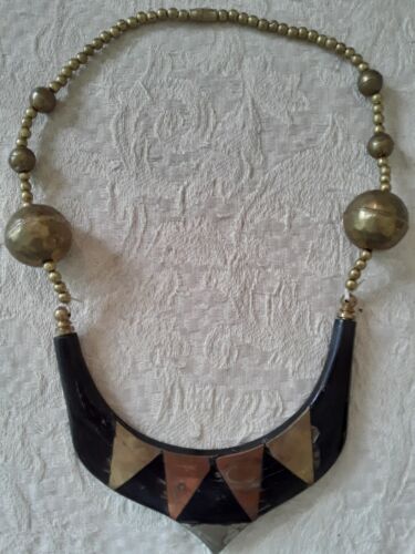Vtg Dark Wood Necklace w Chunky Brass Beads &  Bra