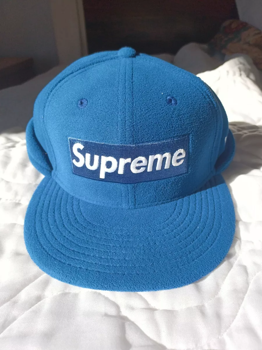 Supreme X New Era Polartec Earflap Fitted Hat Size 7 1/4 Blue FW17