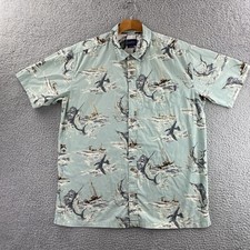 Jack ONeill Aloha Shirt Mens Large Green Button Up Camp Hawaiian Fishing Marlin