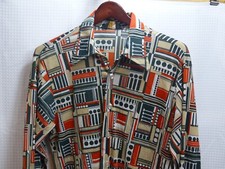 Vtg 70s Disco Shirt JC Penney Geometric Dagger Collar Polyester Men's Lg
