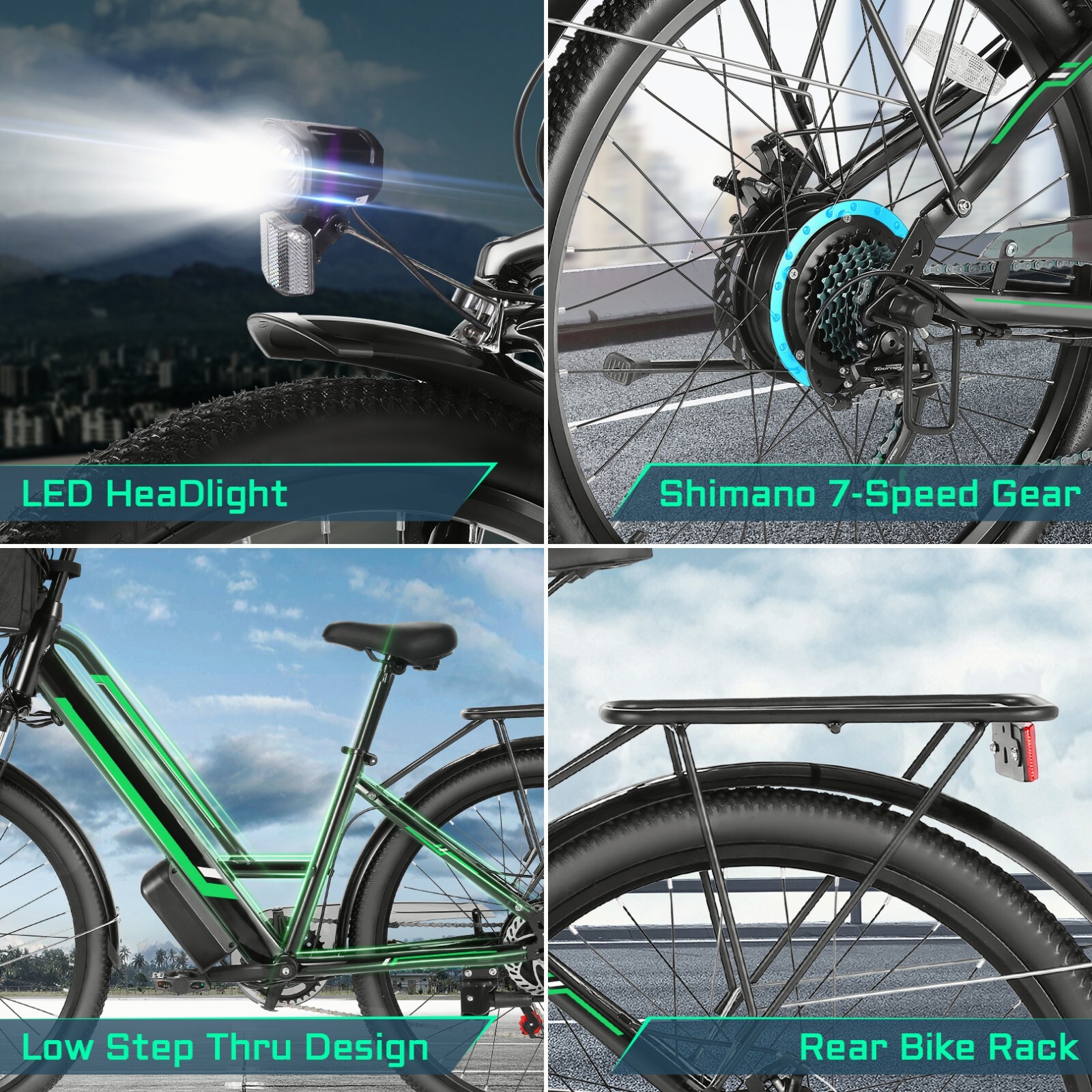 Electric Bike 26 in City Commuter Bicycle Low-Step Thru E-bike Shimano 7 Speed