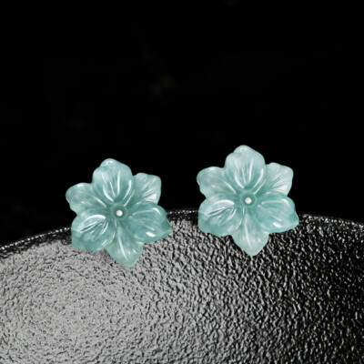 Blue Myanmar Jade Flower Earrings Natural Jewelry 925 Silver Stone