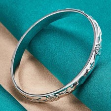 925 Sterling Silver 3D Charm Flower Bangle Women Bracelet Fashion Jewelry