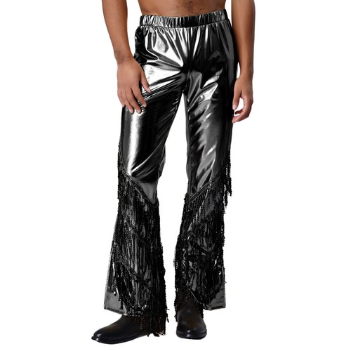 Mens 70s Disco Metallic Shiny Long Pants Bell Bottom Tassel Dance Trousers - Picture 20 of 44
