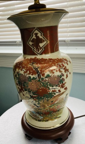 Japanese Kutani Porcelain Vase Lamp with Birds and Floral Decor 
