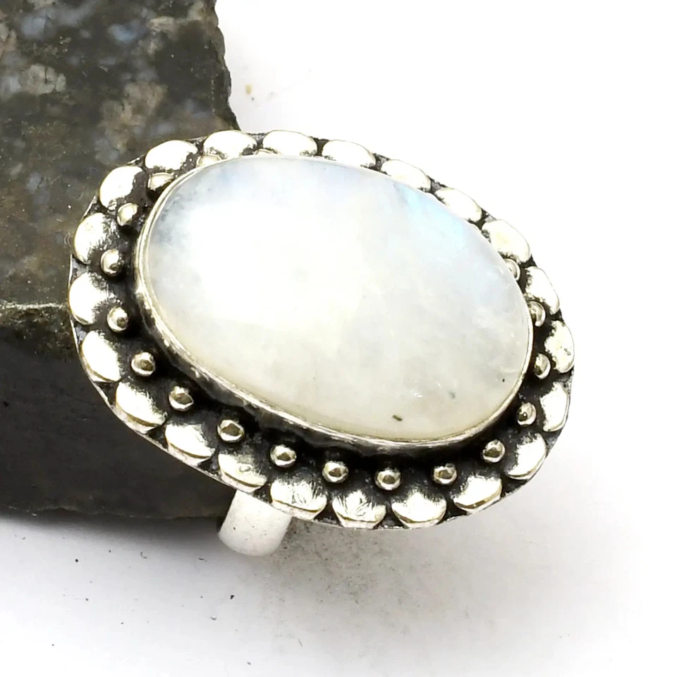 Regenbogen Mondstein Edelstein Handarbeit Ring Schmuck Geschenk US-Größe - 6,75 AR 33404