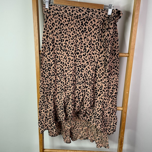 Seed Heritage Skirt Womens 8 Brown Leopard Print Ruffles High Low Hem Wrap Smart