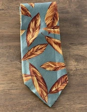 Eddie Bauer Mens Neck Tie Teal Green Silk Leaves Tie Necktie