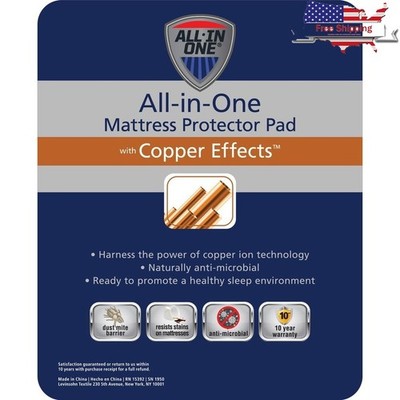 Antimicrobial Copper Effects Mattress Pad Fitted Queen Hypoallergenic Waterproof