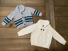 Janie and Jack Sweater Boys 3-6 Months Cream Cable Knit Shawl Collar Grey Stripe