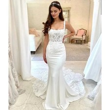 Elegant Mermaid Wedding Dress Spaghetti Straps Satin Lace Appliques Bridal Gown
